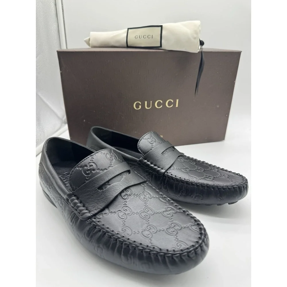 Gucci‎ Black Guccissima Leather Penny Loafers Size 6
